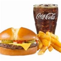 Cheeseburger Kids Meal · A juicy beef patty with pickles and a slice of American cheese on a bun. Served with fries a...