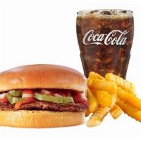 Hamburger Kids Meal · A juicy beef patty with pickles and Jack's secret sauce on a bun. Served with fries and a dr...