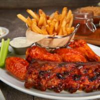 ½ Rack & Wings Platter · Slow roasted and flame-grilled ½ rack, Jack Daniel's BBQ sauce, “naked” jumbo wings tossed i...