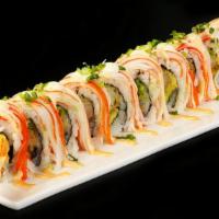 Shaggy'S Dog House Roll · Shrimp tempura and avocado layered with kani, scallions and spicy mayo.