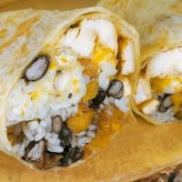 Cuban Wrap · White Rice, Black Beans, Sweet Plantains, Cheddar Cheese, Garlic Cilantro Sauce, and your Ch...