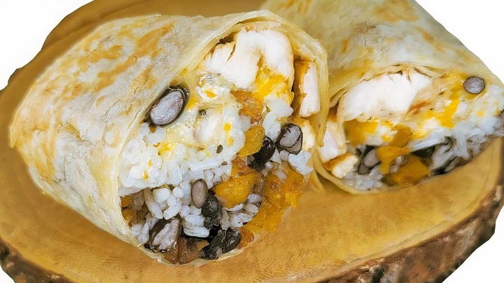 Cuban Wrap · White Rice, Black Beans, Sweet Plantains, Cheddar Cheese, Garlic Cilantro Sauce, and your Choice of Meat.