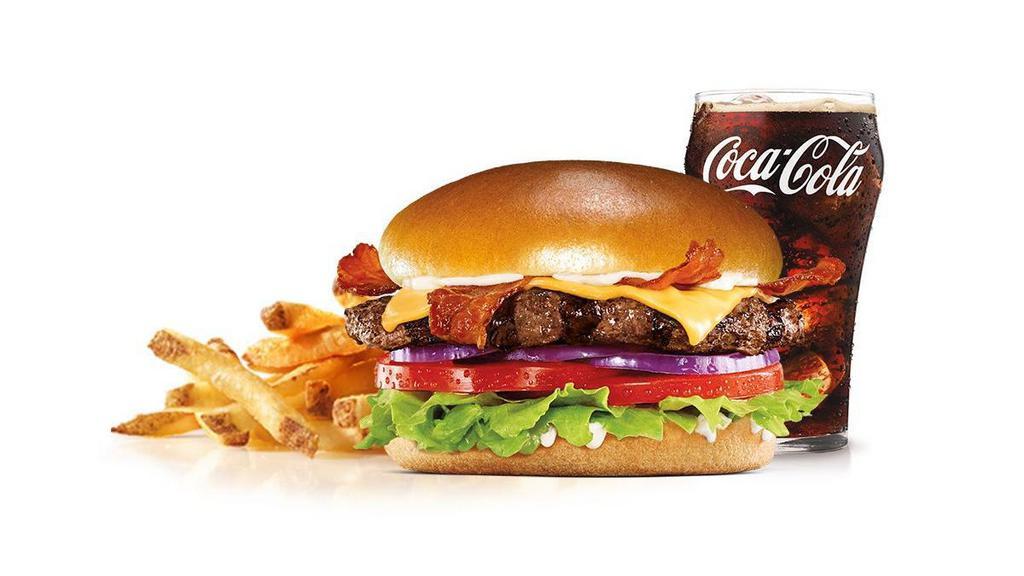 Bacon & Cheese Angus Burger Combo · Charbroiled Third Pound 100% black angus beef patty, crisp bacon, melted American cheese, tomato, lettuce, red onion, and mayonnaise, served on a potato bun. Served with Fries and a Beverage.