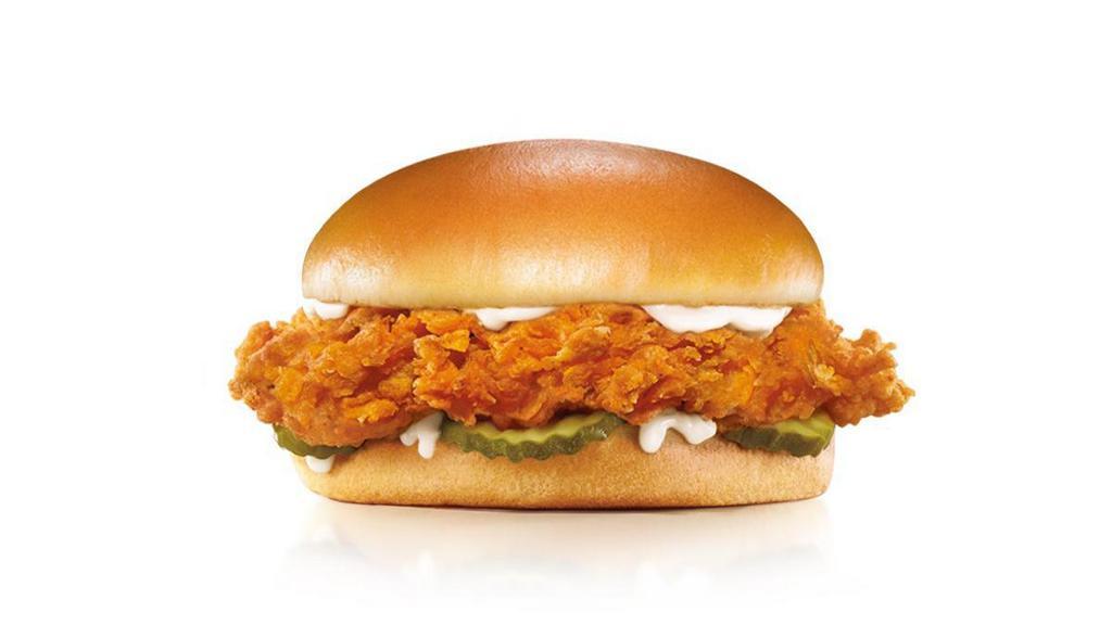 Hand-Breaded Chicken Sandwich · Premium, all-white chicken fillet, hand dipped in buttermilk, lightly breaded and fried to a golden brown, deli pickle and mayonnaise served on a potato bun. .