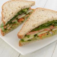 Avocado Cucumber Sandwich · Vegan. Avocado, English cucumber, lettuce, carrots, onion, spinach and tomato.