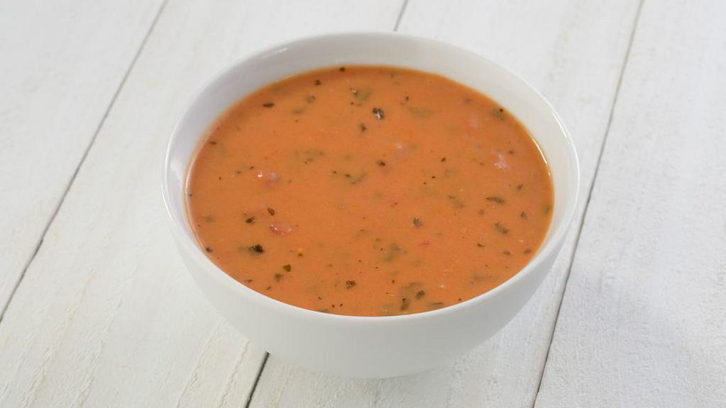Tomato Basil Soup · Tomato, heavy cream, chicken broth, basil with asiago, smoked provolone, Mozzarella, and Romano cheeses.