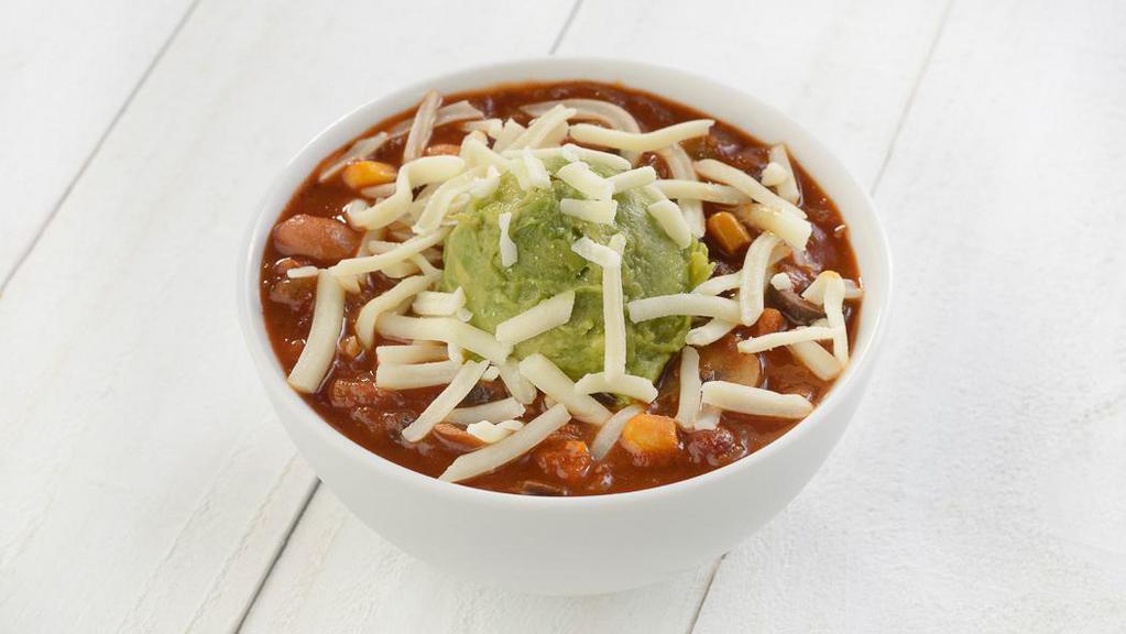 Chili Cado · Vegan, gluten free. Protein powerhouse: red organic quinoa topped with our vegetarian chili, avocado and Cheddar cheese. Vegetarian and gluten-free.