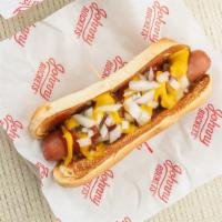 Rocket Chili Dog · Hot dog smothered in all-meat chili, topped with your choice of shredded cheese and onion. 6...