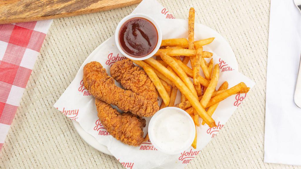 Kids Chicken Tenders · Three lightly breaded, crispy chicken tenders with a choice of dipping sauce.