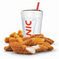 Crispy Tender Dinner + Drink · Chicken strips served with warm Texas toast, golden tots or fries and a single handmade onio...