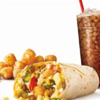 Supersonic Breakfast Burrito Combo · It includes cheddar cheese, tater tots, onions, jalapenos, tomatoes, egg, and choice of saus...