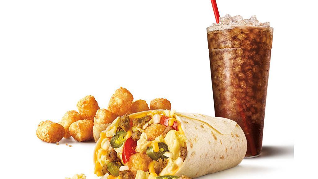 Breakfast Burrito Combo · Comes with cheddar cheese, egg, and choice of bacon or sausage. Includes choice of tots or fries and fountain drink.