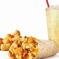 Ultimate Meat & Cheese Burrito Combo · Dressed with crispy bacon, savory sausage, golden tots, fluffy scrambled eggs, and melty che...