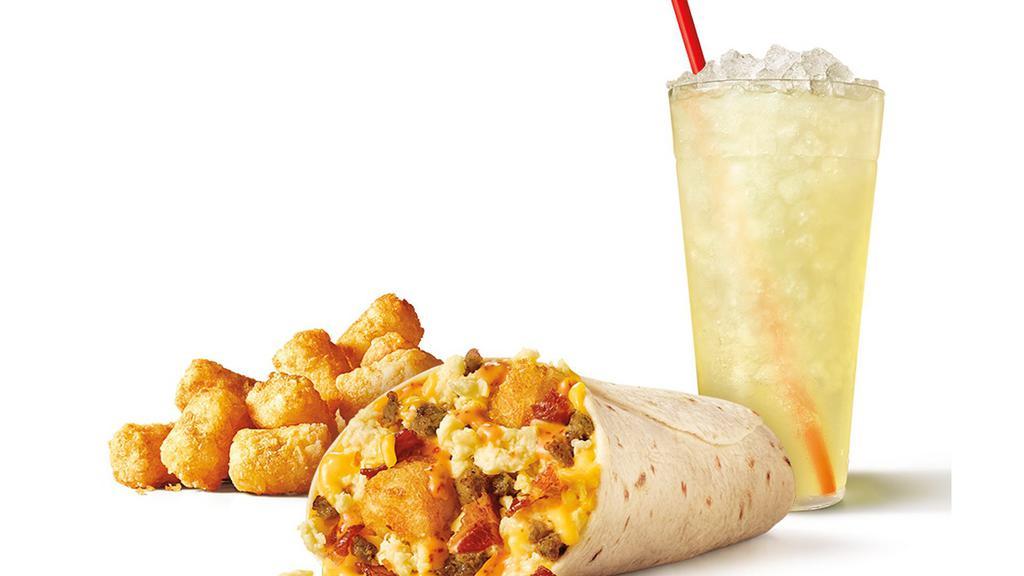 Ultimate Meat & Cheese Burrito Combo · Dressed with crispy bacon, savory sausage, golden tots, fluffy scrambled eggs, and melty cheddar cheese. Wrapped in a warm flour tortilla.