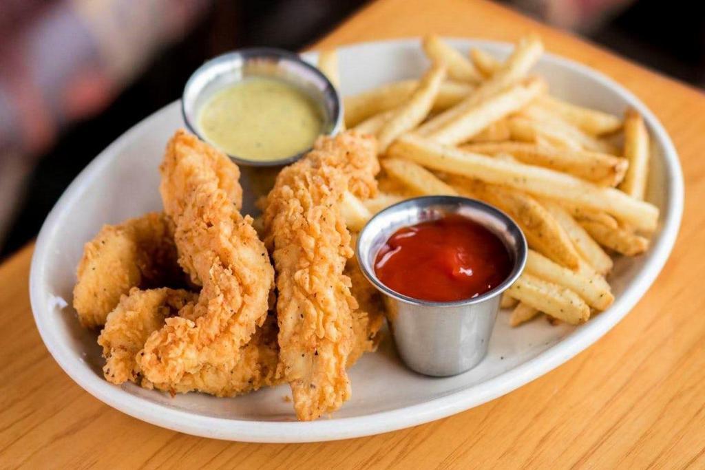 Chicken Tenders · beer battered to order · served with poblano honey mustard, ketchup & seasoned French fries
