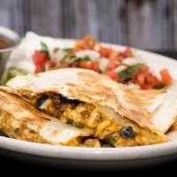Smoked Chicken Quesadillas · in-house smoked chicken · pepper jack · cheddar · green chiles · roasted corn · black beans ...