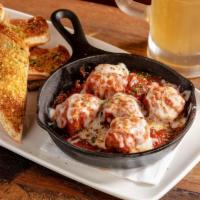 Spicy Meatball Skillet · all-beef house made meatballs · marinara made in-house with San Marzano tomatoes · mozzarell...