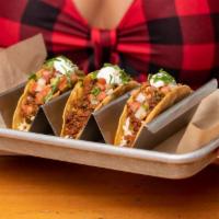Crispy Mini Beef Tacos · three house fried tortillas · spicy ground beef · pepper jack · pico de gallo · sour cream ·...