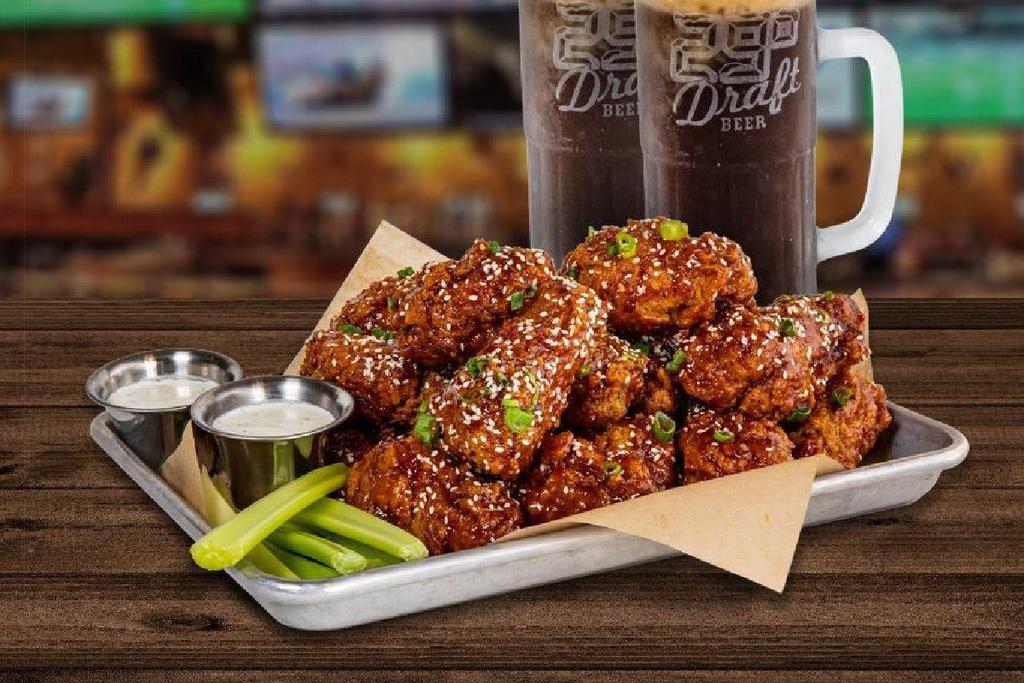 18 Wings · Your choice of wing style, wing sauce or dry rub, 2 savory dunk-able dips, and celery sticks.