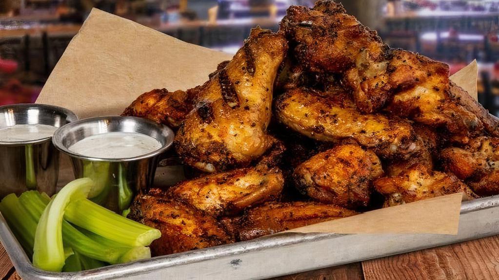24 Wings · Your choice of wing style, wing sauce or dry rub, 1 large dunk-able dip, and celery sticks.