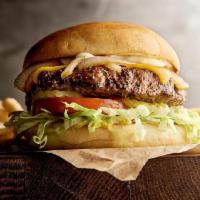 Cheeseburger · choice of cheese · lettuce · tomato · pickles · caramelized onions · mustard · mayo · served...