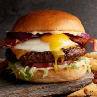 The Hangover · fried egg · bacon · American cheese · lettuce · tomato · red onions · mayo · served with sea...