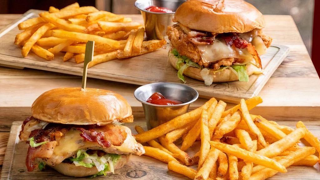 Chicken Ranch · grilled or crispy chicken · bacon · pepper jack · lettuce · pico de gallo · chipotle mayo · served with seasoned French fries