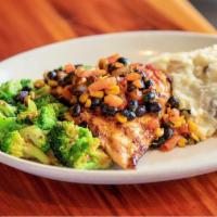 Spicy Chipotle Chicken · blackened chicken breast · topped with southwest pico de gallo · house made garlic mashed po...