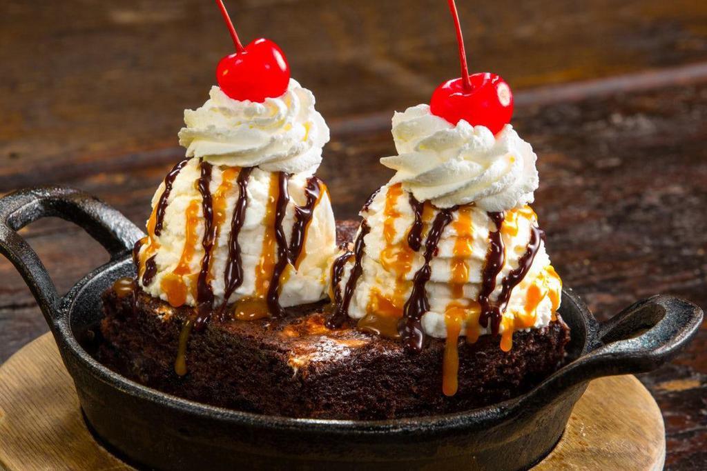 Twin Peaks Sundae · two scoops of vanilla ice cream on a hot fudge Ghirardelli brownie