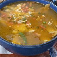 Tortilla Soup · Chicken broth base with rice, chunks of chicken breast, fried tortilla strips & pico de gall...