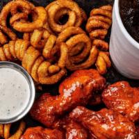 16  Bone-In Wings Combo · 16 bone-in wings tossed with your choice of 2 flavors. Served with curly fries, a side of ra...