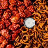 22 Boneless Wings · 22 boneless wings tossed in your choice of 2 flavors. Served with curly fries & a side of ra...