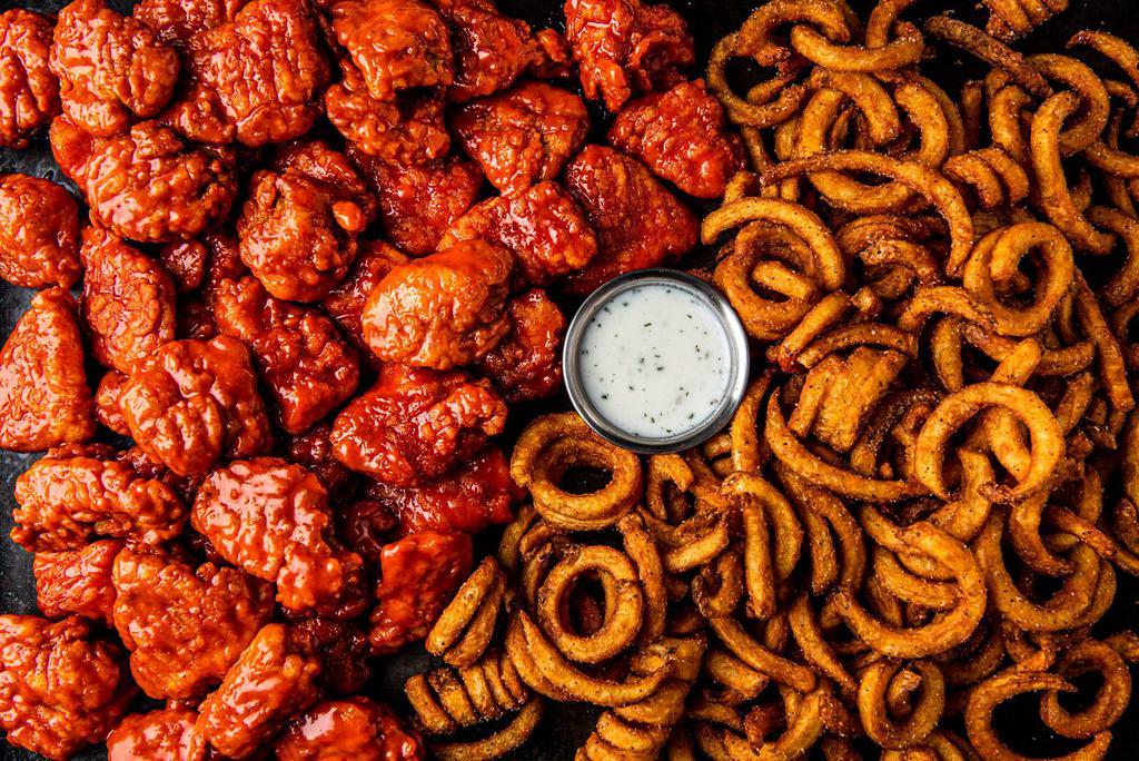 22 Boneless Wings · 22 boneless wings tossed in your choice of 2 flavors. Served with curly fries & a side of ranch.