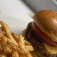 Classic American Burger · 1/2 lb burger with melted american cheese, lettuce, tomato, onion, and pickle. Served with f...