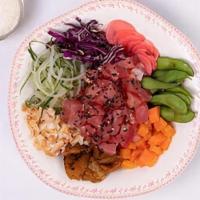 Tuna In A Bowl · A party of sushi rice + tuna + grilled pineapple + red cabbage + edamame + radish + cucumber...