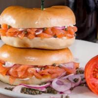 New York Bagel · a Bagel with Cream Cheese and Norwegian Smoked Salmon, Red Onions, Tomato & Capers.