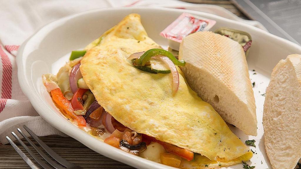Sautéed Vegetables Any Style · Fresh Eggs, with Zucchini, Red Onions, Mushrooms, Artichoke Hearts, Tomato, Red & Green Bell Peppers Sautéed in Extra Virgin Olive Oil. Prepared Scrambled or Omelette.