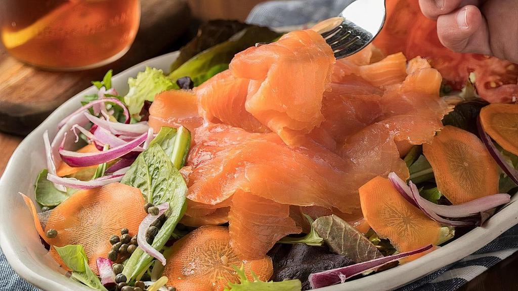 Smoked Salmon Salad · Mixed Greens, Smoked Salmon, Red Onions, Capers, fresh Tomatoes & Extra-Virgin Olive Oil.