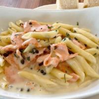 Penne Al Salmone · Béchamel sauce, capers & Smoked Salmon.