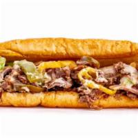 Philly Cheesesteak · Thinly sliced grilled steak or chicken, on a hearth-baked hoagie bun, covered in your choice...