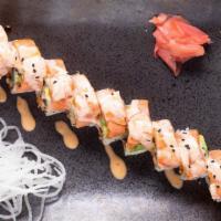 Mio Maki Roll · Eel, spicy crab mix, masago, tempura flakes topped with avocado, smoked salmon, shrimp with ...