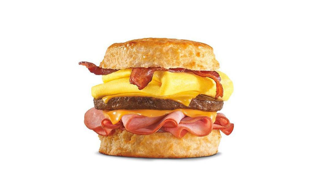 Monster Biscuit® · Crispy bacon, sausage patty, thinly sliced ham, folded egg and two slices of American cheese on a Made From Scratch™ Biscuit . Breakfast served until *10:30am (*Hours may vary by day)