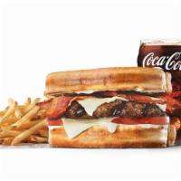 Frisco Angus Burger Combo · Charbroiled Third Pound 100% black angus beef patty, crispy bacon, melted Swiss cheese, toma...