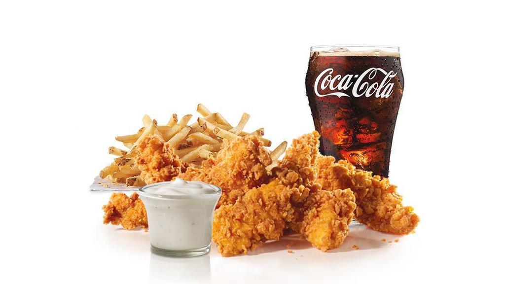 5 Piece - Hand-Breaded Chicken Tenders™ Combo · Premium, all-white meat chicken, hand dipped in buttermilk, lightly breaded and fried to a golden brown. Served with a choice of dipping sauce, Fries and a Soft Drink.