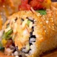 Deep Fried Sushi Burrito · Cream cheese, organic Mexico avocado, organic English cucumber, organic greens, and crispy o...