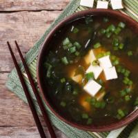 Vegan Miso Soup · Traditional-style miso soup - but with our own home-made special bullion, organic tofu, waka...