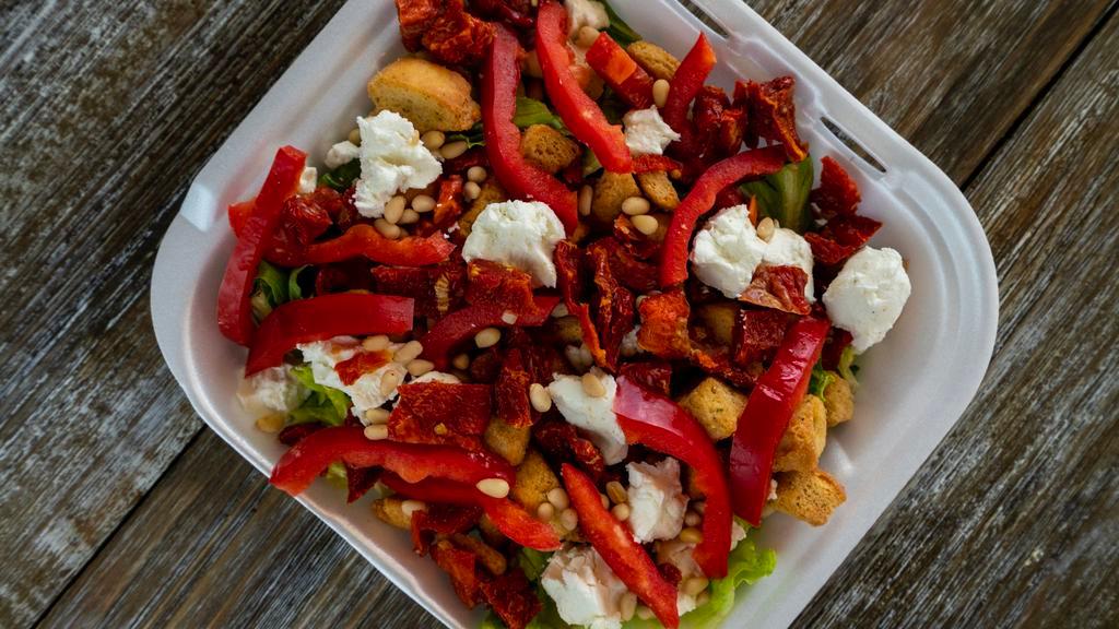 Pronto Salad · Favorite. Chef Recommend. Romaine, sun dried tomatoes, red peppers, pine nuts, goat cheese, croutons, with balsamic vinaigrette dressing.