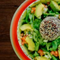 Quinoa Power Salad · Quinoa, spinach, tomato, cucumber, avocado, Tuscany extra virgin olive oil and lemon dressing.