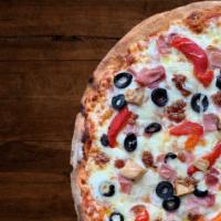 Meat Lovers · Tomato sauce, mozzarella, red peppers, bacon, cooked ham, chicken, onions and black olives.