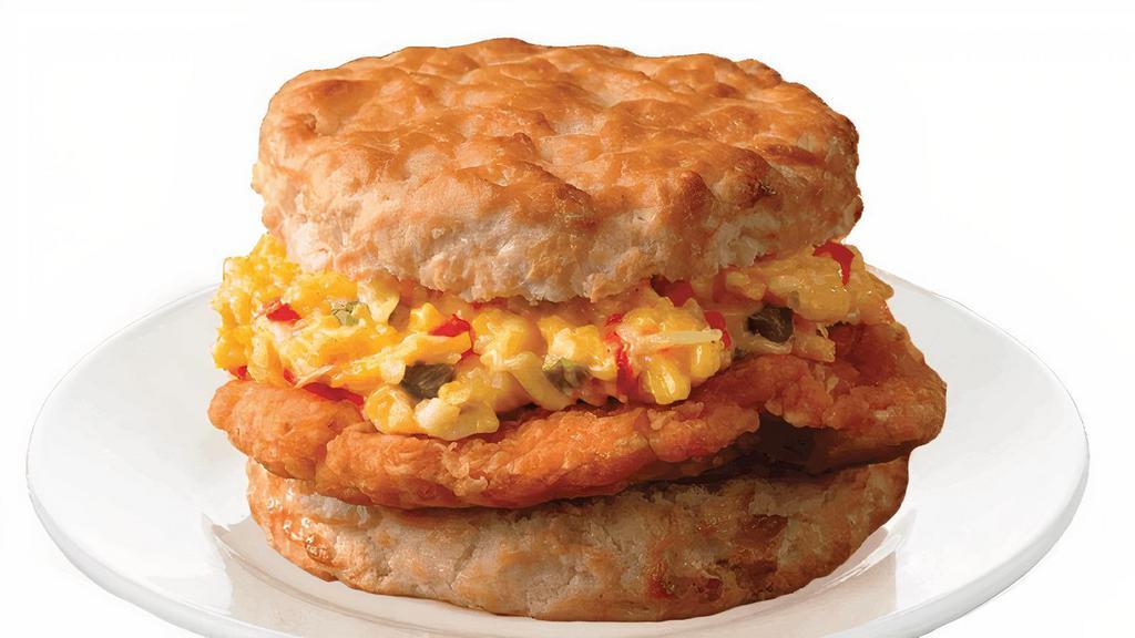 New! Cajun Chicken Filet With Pimento Cheese Biscuit · A uniquely seasoned chicken breast filet with our savory pimento cheese spread on a made-from-scratch buttermilk biscuit.